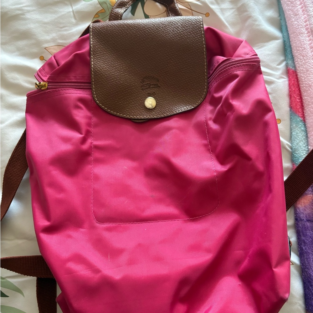 Longchamp Hot Pink Nylon Backpack with Brown Trim